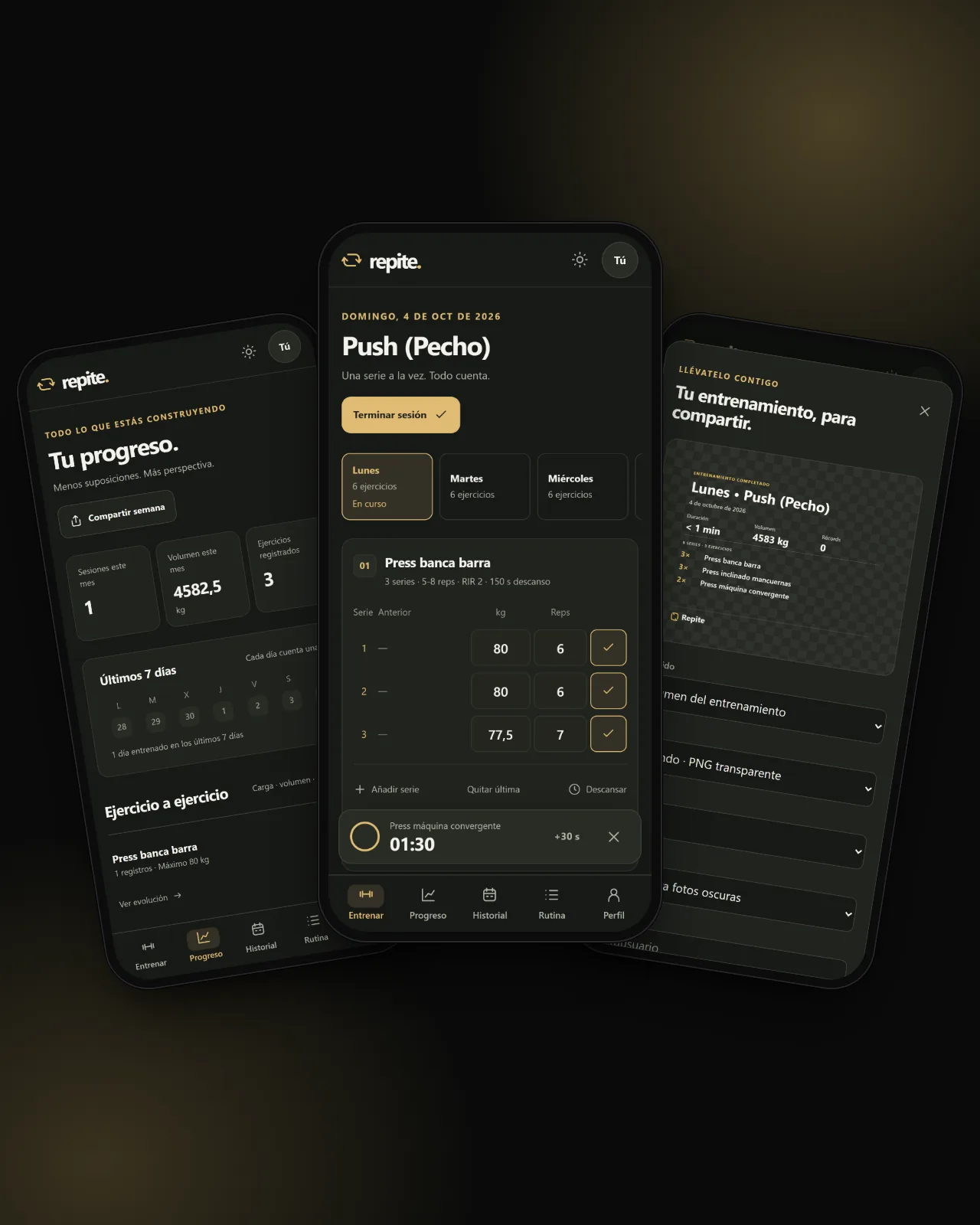 App Repite en tres móviles: progreso semanal, entrenamiento con series y temporizador de descanso, y tarjeta para compartir la sesión
