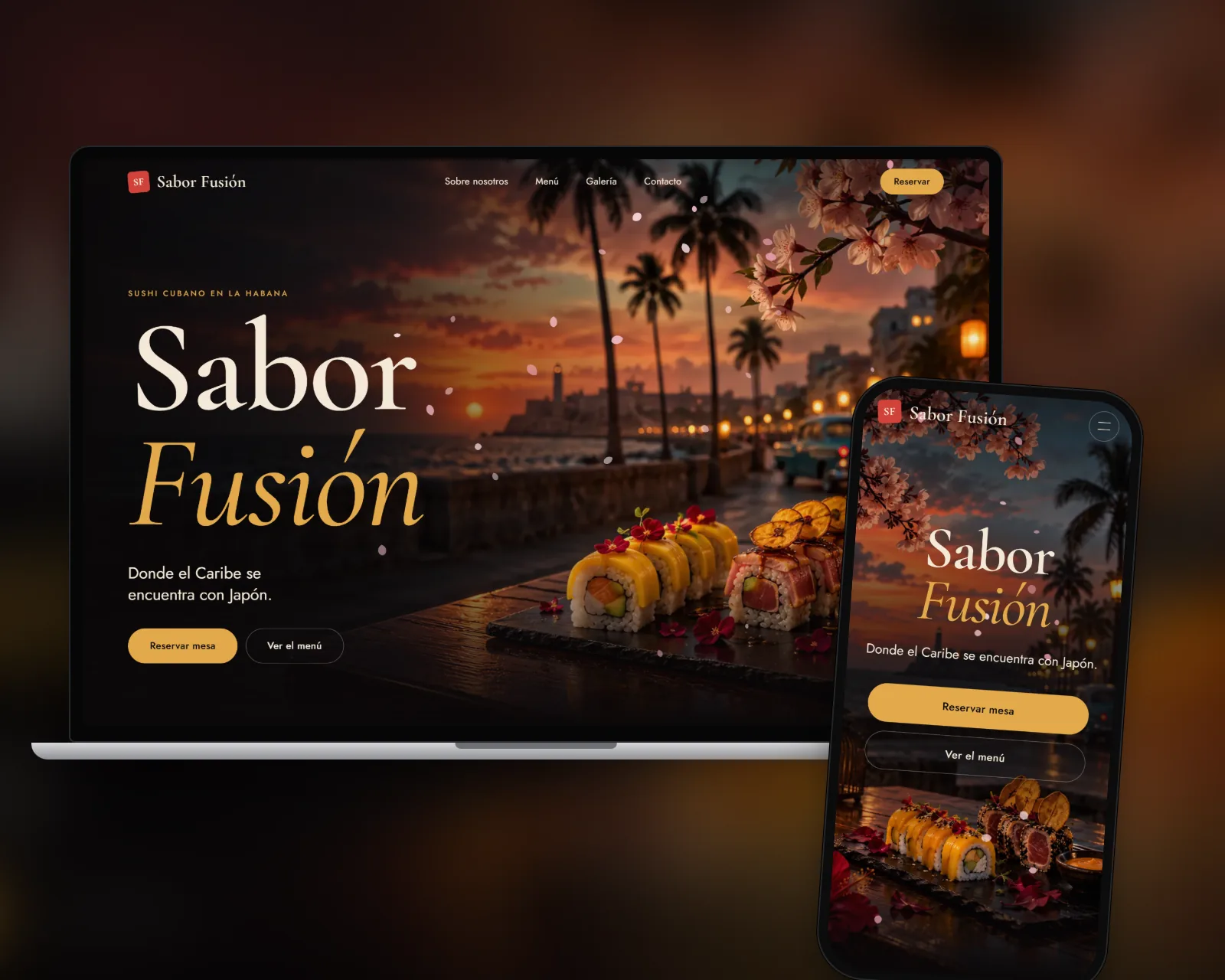 Web de Sabor Fusión en ordenador y móvil: portada con el Malecón de La Habana al atardecer, flores de cerezo y rolls de sushi fusión